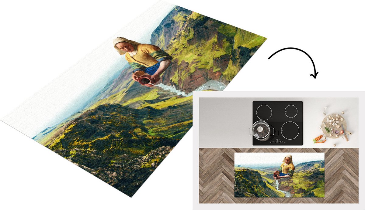 KitchenYeah Keukenloper - Loper keuken - Melkmeisje - Vermeer - Natuur - 120x60 cm - Keukenloper vinyl Multicolor