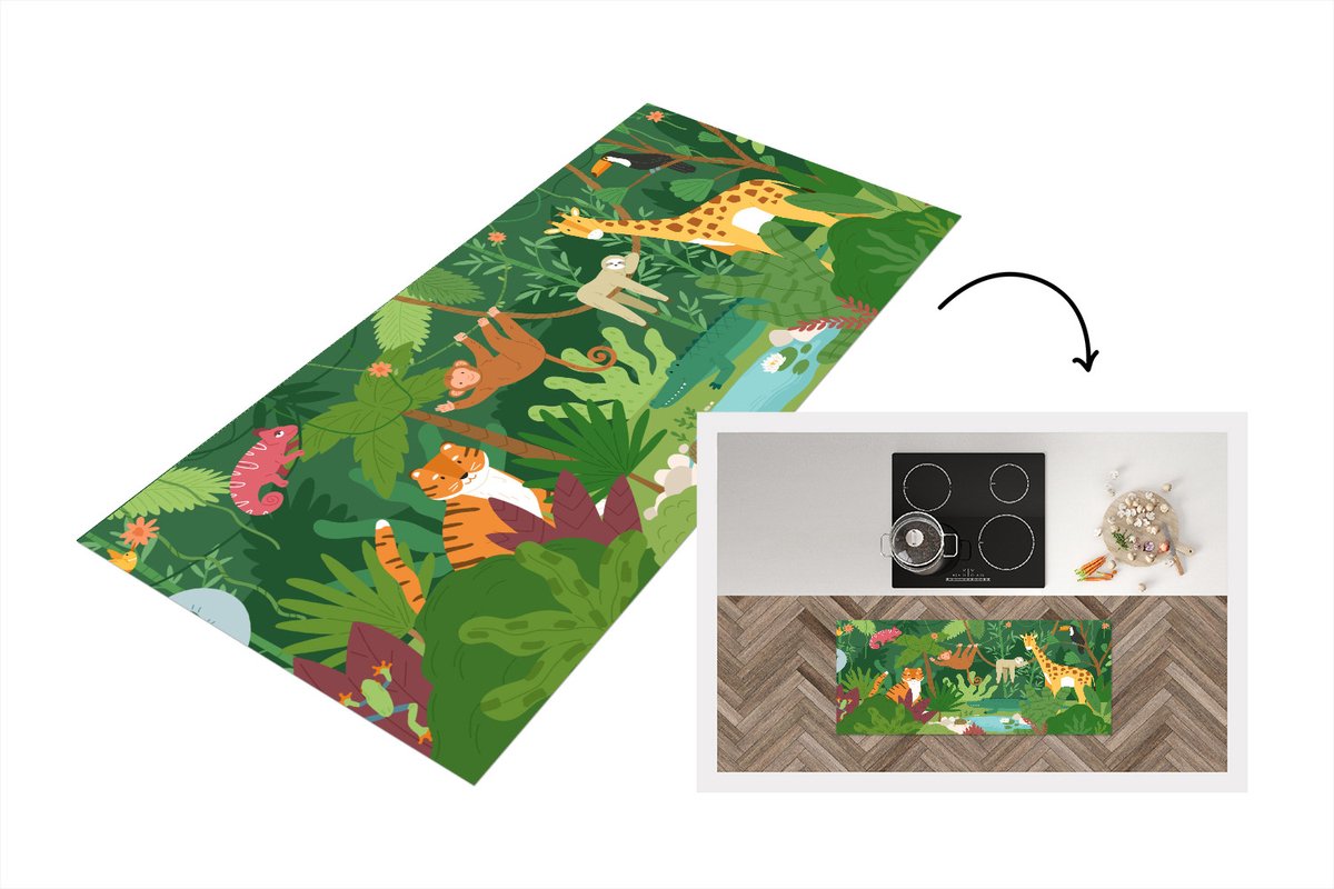 KitchenYeah Keukenloper - Loper keuken - Jungle - Giraf - Liaan - 120x50 cm - Keukenloper vinyl Multicolor