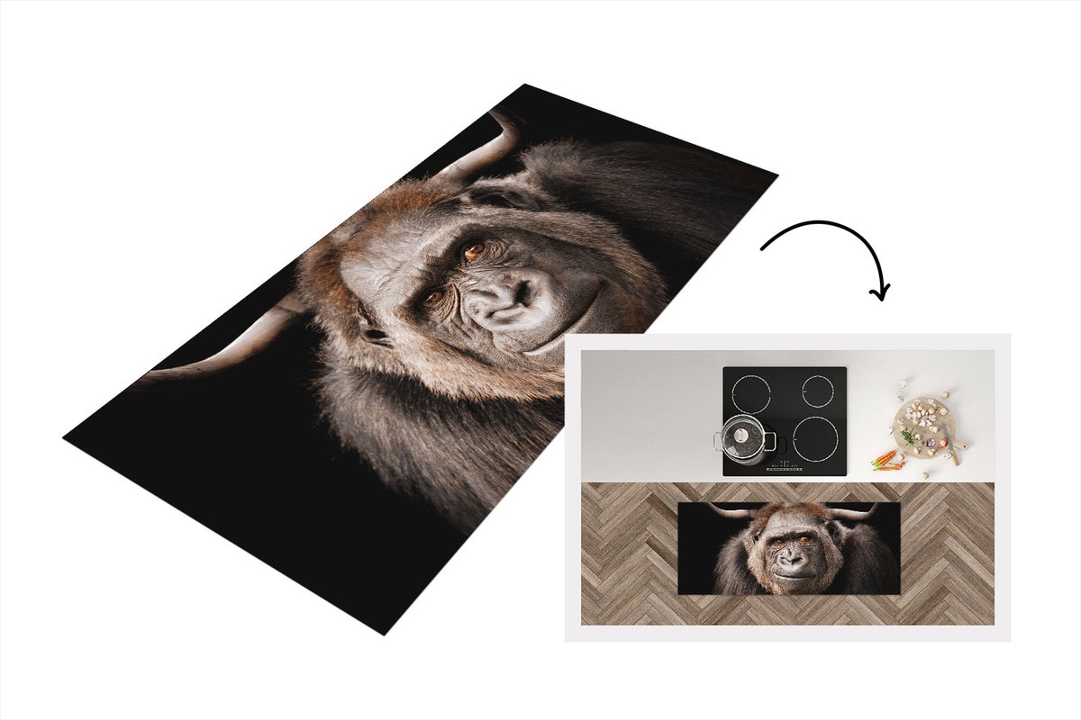 KitchenYeah Keukenloper - Loper keuken - Aap - Schotse hooglander - Gorilla - 120x50 cm - Keukenloper vinyl Multicolor