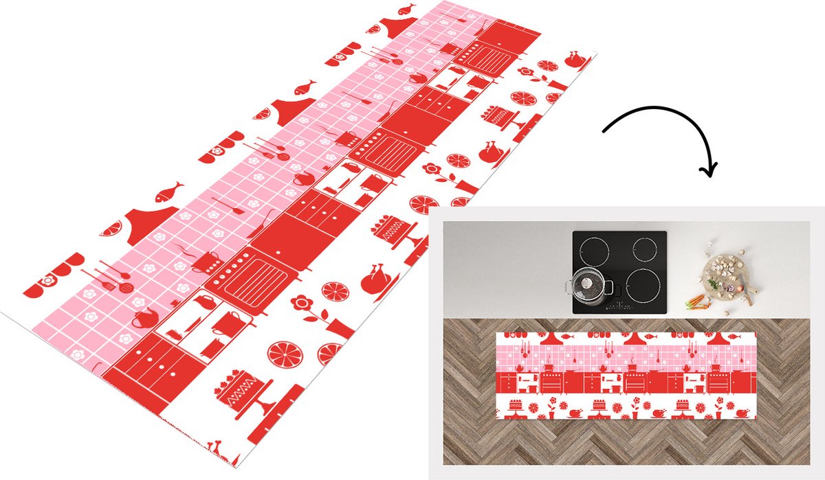 KitchenYeah Keukenloper - Loper keuken - Patronen - Pannen - Design - Huis - Roze - 150x50 cm - Keukenloper vinyl Multicolor