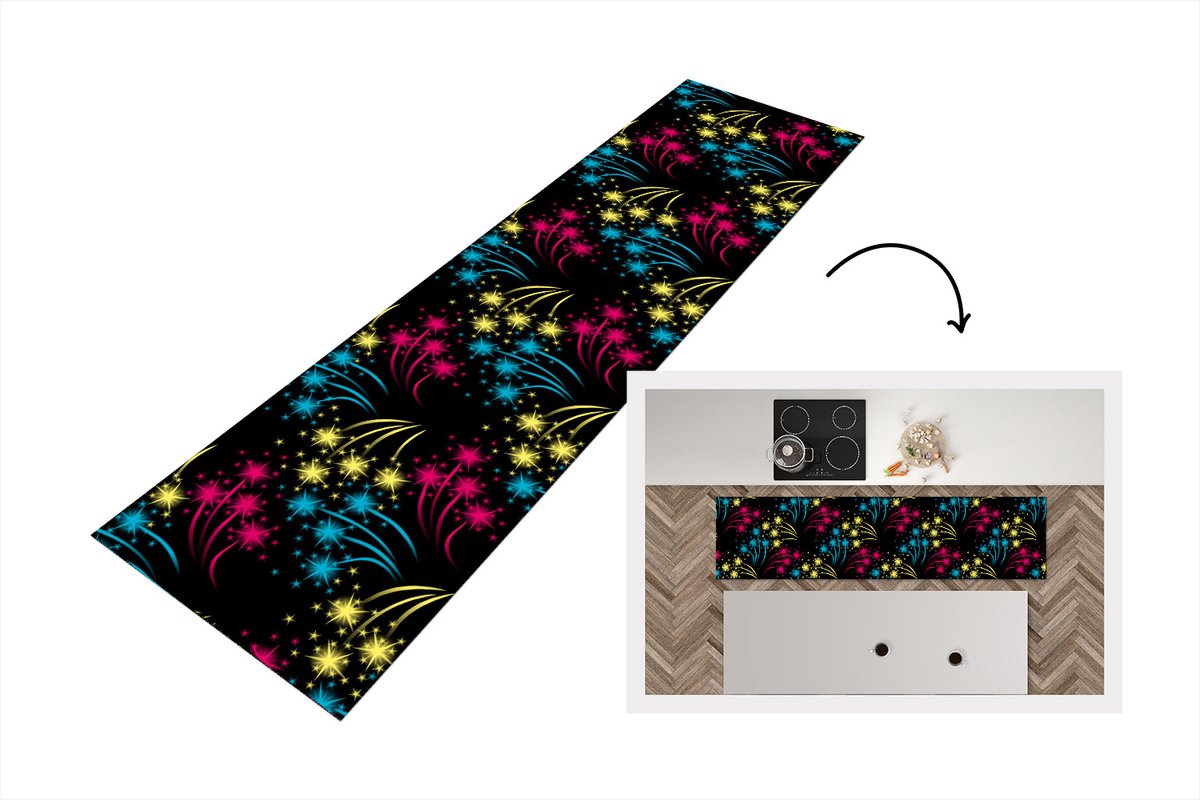 KitchenYeah Keukenloper - Loper keuken - Vuurwerk - Patroon - Oud en Nieuw - 240x60 cm - Keukenloper vinyl Multicolor