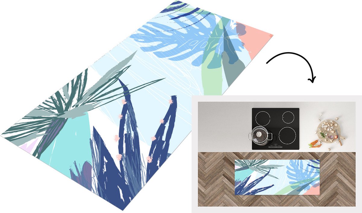 KitchenYeah Keukenloper - Loper keuken - Zomer - Blad - Blauw - 120x50 cm - Keukenloper vinyl Multicolor