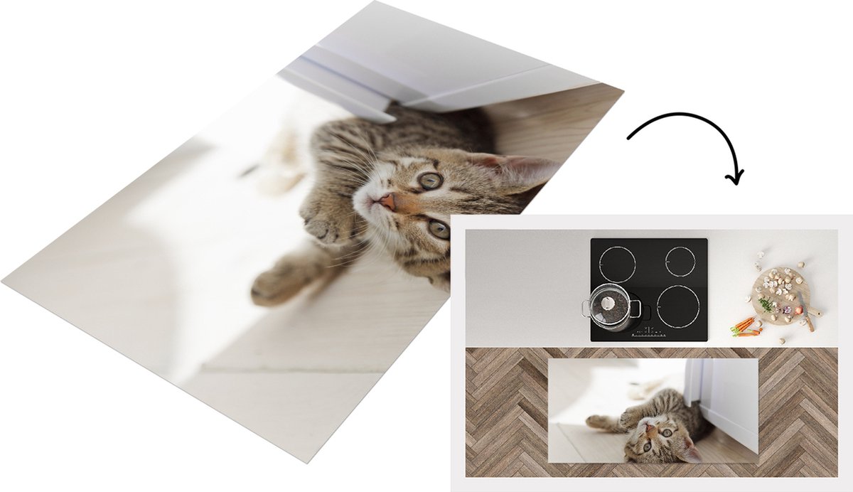 KitchenYeah Keukenloper - Loper keuken - Kitten - Zon - Bruin - 120x60 cm - Keukenloper vinyl Multicolor