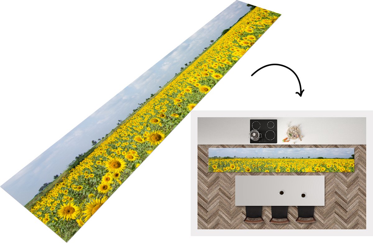 KitchenYeah Keukenloper - Loper keuken - Zonnebloemen - Wolken - Natuur - 300x50 cm - Keukenloper vinyl Multicolor