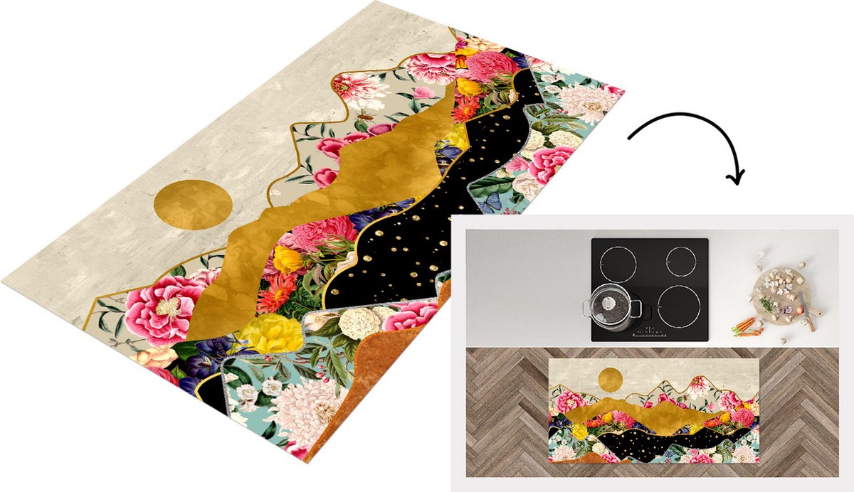 KitchenYeah Keukenloper - Loper keuken - Bloemen - Goud - Marmer - Keukenloper vinyl, foto 2