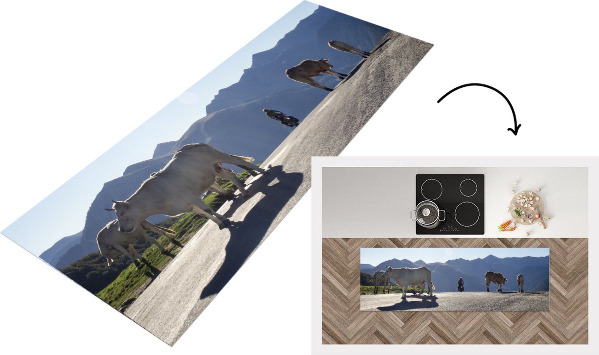 KitchenYeah Keukenloper - Loper keuken - Schotse hooglander - Licht - Berg - 150x50 cm - Keukenloper vinyl Multicolor