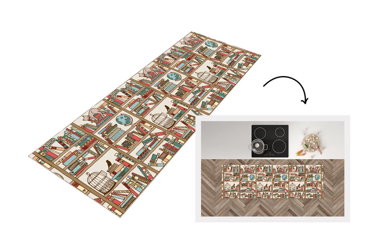 KitchenYeah Keukenloper - Loper keuken - Kat - Boek - Kast - 180x60 cm - Keukenloper vinyl Multicolor