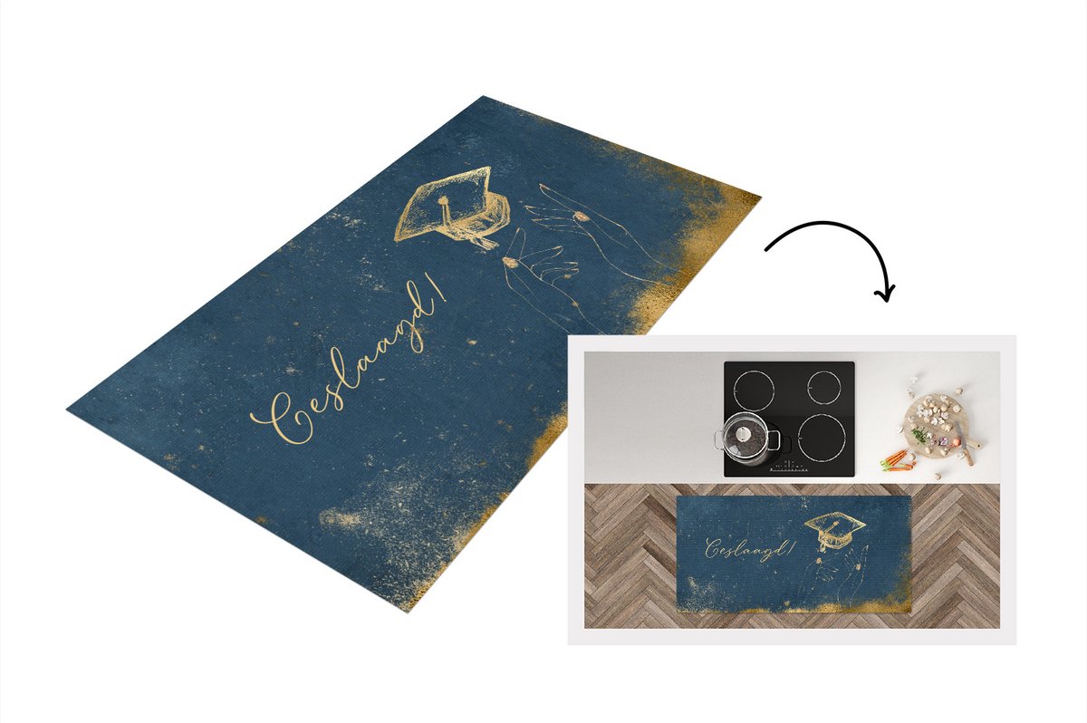KitchenYeah Keukenloper - Loper keuken - Geslaagd - Goud - Blauw - 120x60 cm - Keukenloper vinyl Multicolor