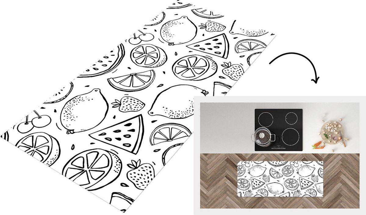 KitchenYeah Keukenloper - Loper keuken - Fruit - Zwart - Wit - Patronen - 120x50 cm - Keukenloper vinyl Multicolor