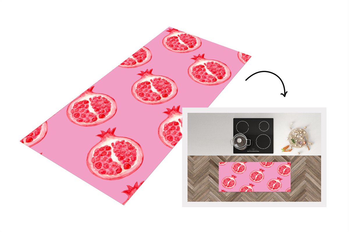 KitchenYeah Keukenloper - Loper keuken - Fruit - Sjablonen - Roze - 120x50 cm - Keukenloper vinyl Multicolor