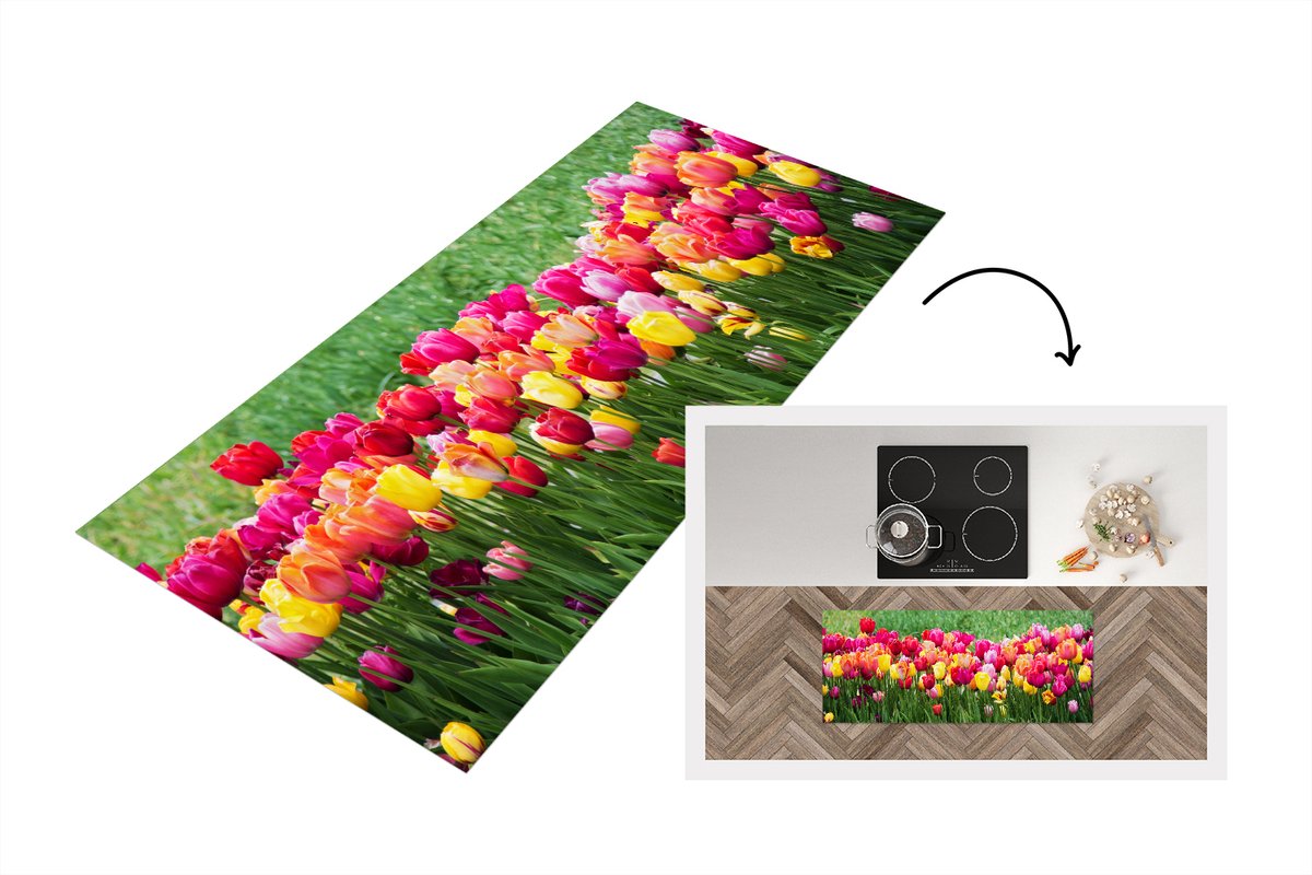 KitchenYeah Keukenloper - Loper keuken - Een panorama van de tulpenvelden - 120x50 cm - Keukenloper vinyl Multicolor