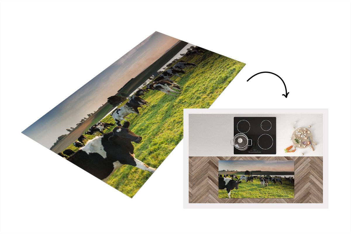 KitchenYeah Keukenloper - Loper keuken - Koeien - Gras - Zonsondergang - 120x60 cm - Keukenloper vinyl Multicolor
