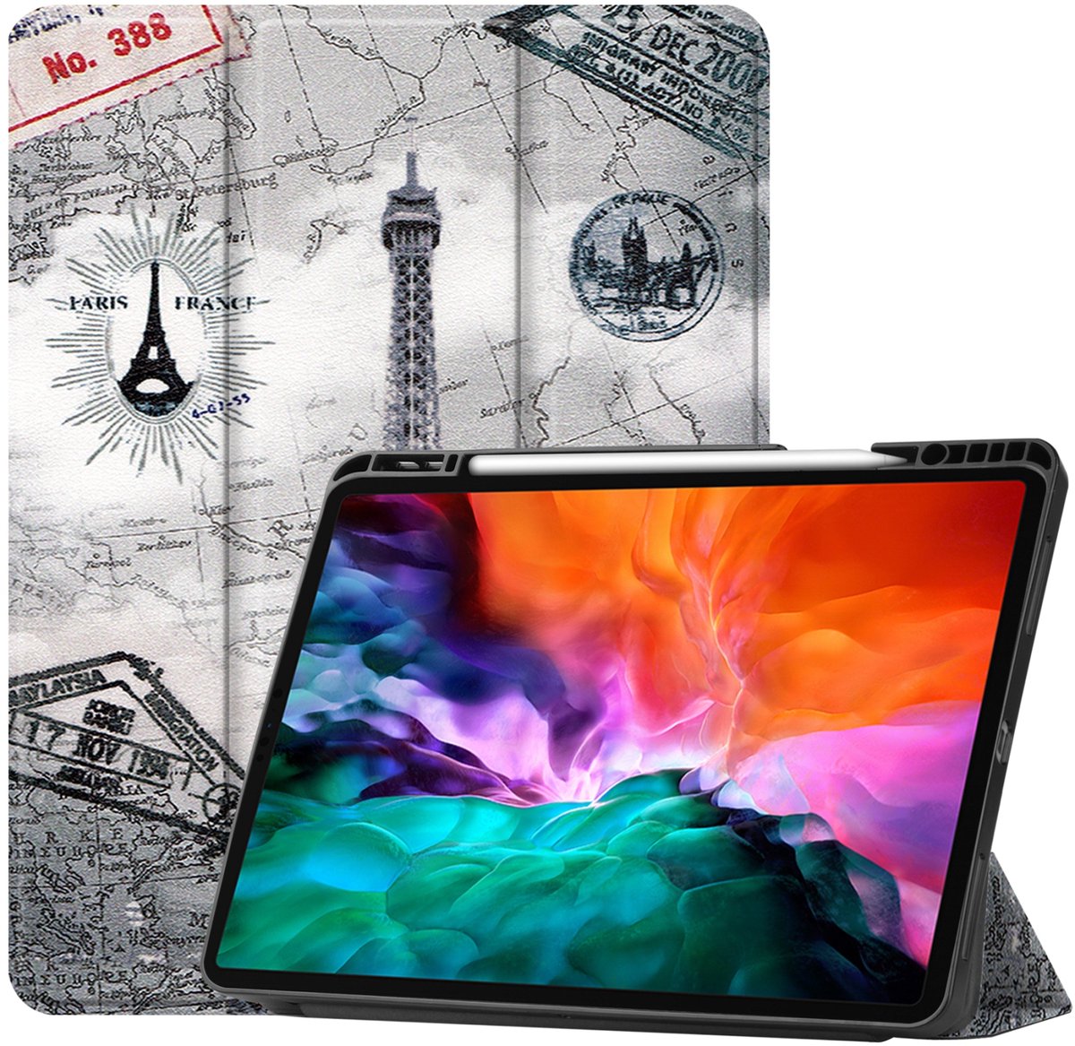Mobigear Tablethoes geschikt voor Apple iPad Pro 12.9 Inch (2021) Hoes | Mobigear Tri-Fold Gel Bookcase + Stylus Houder - Eiffeltoren