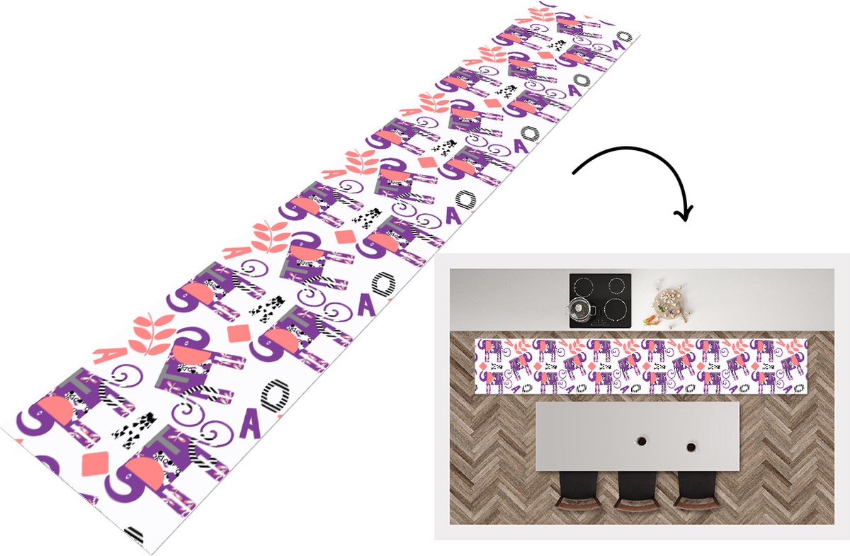 KitchenYeah Keukenloper - Keukenmat - Olifanten - Bladeren - Paars - Patroon - 360x60 cm - Keuken vloerkleed Multicolor