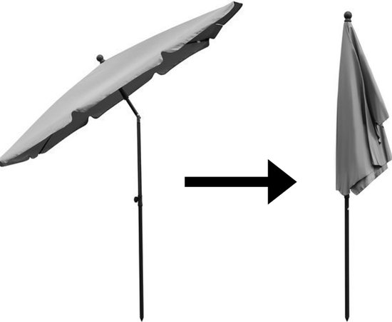 In Round Parasol – 130 x 200 cm – Kantelbaar en Inklapbaar – Grijs – Zonwering Buiten – Stokparasol – Balkonparasol – Balkon Strand of Tuin – Knikbaar – Waterdicht – Weerbestendig