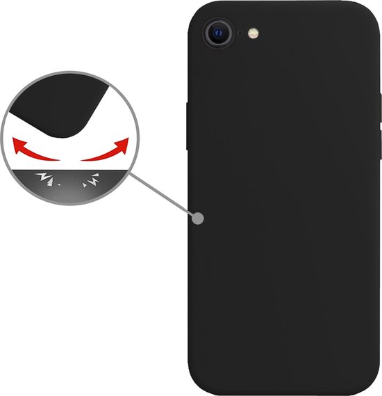 Zwarte telefoonhoes met een detailweergave van de schokabsorberende binnenkant.