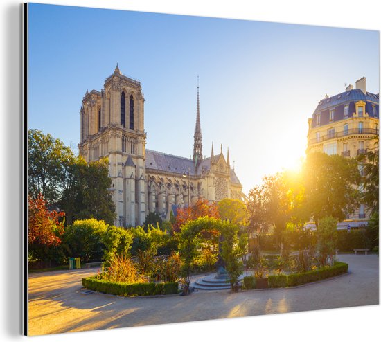 Wanddecoratie Metaal - Aluminium Schilderij - Parijs - Notre Dame - Zon
