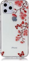 Peachy Bloemen Bloesem Vlinders Rood Natuur Hoesje Case TPU iPhone 11 Pro - Transparant