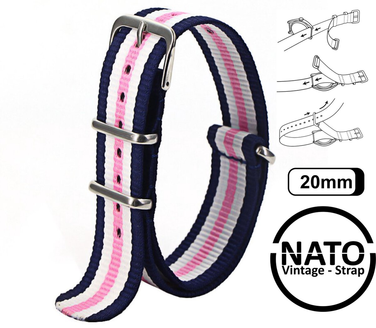 20mm Premium Nato Strap Blauw Roze Wit - Vintage James Bond - Nato Strap collectie - Mannen - Horlogeband - 20 mm bandbreedte voor oa. Seiko Rolex Omega Casio en Citizen