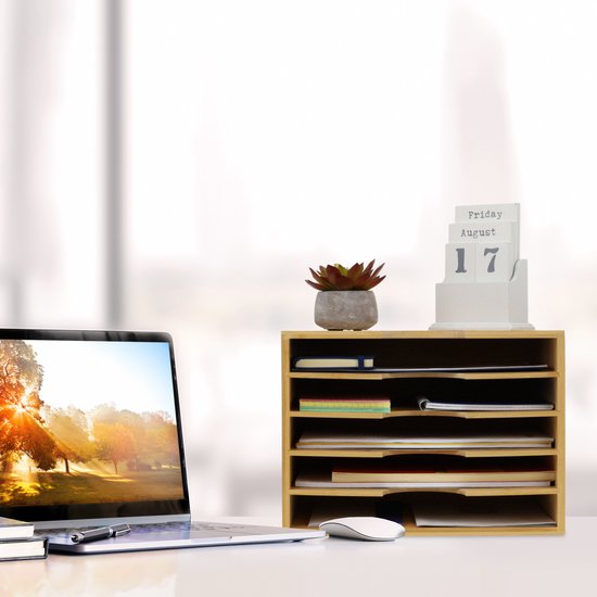Relaxdays brievenbak bamboe, A4, sorteerbak met 8 vakken, H x B x D: 25 x 49 x 31 cm, bureau organizer, natuur