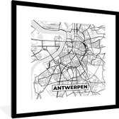 Fotolijst incl. Poster Zwart Wit- België – Antwerpen – Stadskaart – Kaart – Zwart Wit – Plattegrond - 40x40 cm - Posterlijst
