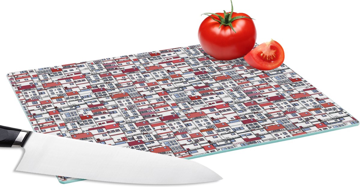 Glazen Snijplank - 28x20 - Stad - Patroon - Huizen - Snijplanken Glas
