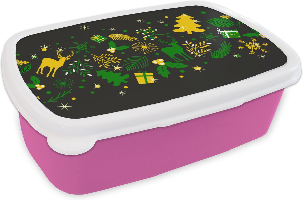 Broodtrommel Roze - Lunchbox - Brooddoos - Kerst - Patroon - Hert - 18x12x6 cm - Kinderen - Meisje