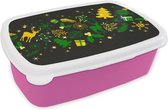Broodtrommel Roze - Lunchbox - Brooddoos - Kerst - Patroon - Hert - 18x12x6 cm - Kinderen - Meisje