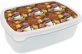 Broodtrommel Wit - Lunchbox - Brooddoos - Koffie - Croissant - Patronen - Ontbijt - 18x12x6 cm - Volwassenen