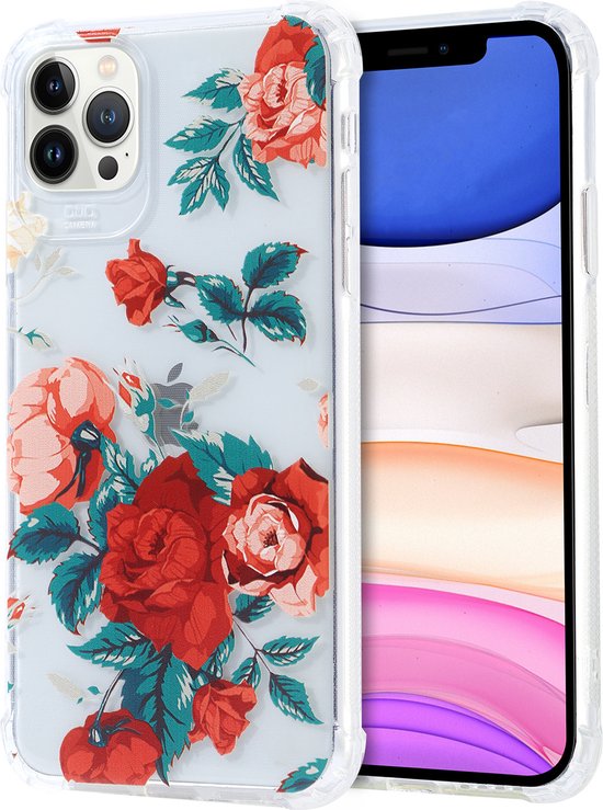Siliconen Hoesje met bloemenprint Geschikt voor iPhone 12 Mini (Rozen) Transparant