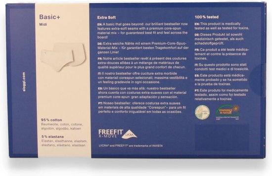 Doos met witte Sloggi Basic+ midi slips. Inclusief productinformatie en logo's.