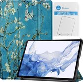 Tablet hoes & 2-Pack Screenprotector geschikt voor Samsung Galaxy Tab S8 - 11 Inch - Auto Wake/Sleep functie - Witte Bloesem