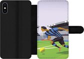 Bookcase Geschikt voor iPhone XS Max telefoonhoesje - Een illustratie van spelers die voetballen in een stadion - Jongetje - Meisjes - Kinderen - Met vakjes - Wallet case met magneetsluiting