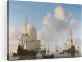 Artaza Canvas Schilderij Hollandse Schepen op een Kalme Zee - Willem van de Velde - 90x60 - Kunst - Canvas Print - Muurdecoratie