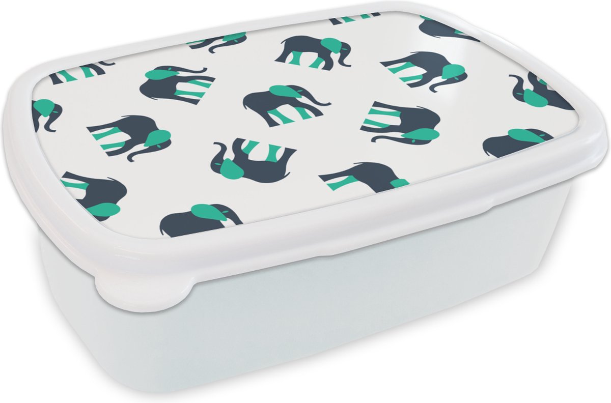 Broodtrommel Wit - Lunchbox - Brooddoos - Olifant - Patroon - Groen - 18x12x6 cm - Volwassenen
