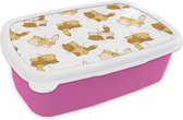 Broodtrommel Roze - Lunchbox - Brooddoos - Patronen - Kat - Kitten - Jongens - Meisjes - Kinderen - Kindje - 18x12x6 cm - Kinderen - Meisje