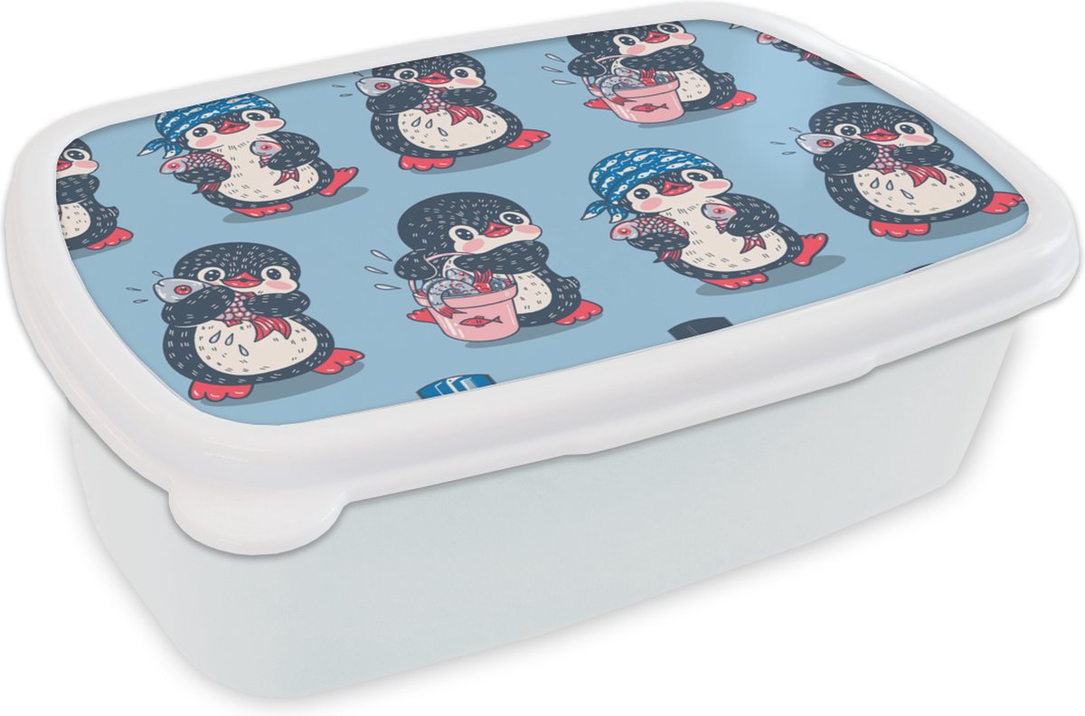 Broodtrommel Wit - Lunchbox - Brooddoos - Pinguïn - Design - Vis - 18x12x6 cm - Volwassenen