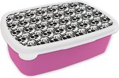 Broodtrommel Roze - Lunchbox - Brooddoos - Tiener - Skull - Zwart - Patronen - 18x12x6 cm - Kinderen - Meisje