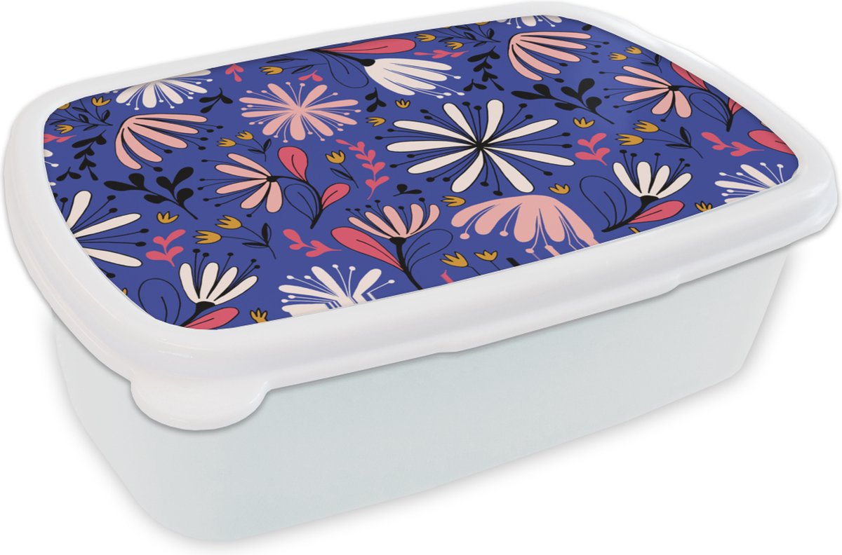 Broodtrommel Wit - Lunchbox - Brooddoos - Patronen - Abstract - Bloemen - 18x12x6 cm - Volwassenen