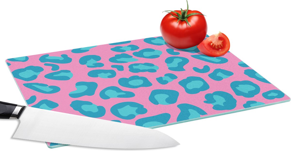 Glazen Snijplank - 28x20 - Panterprint - Blauw - Roze - Patronen - Snijplanken Glas