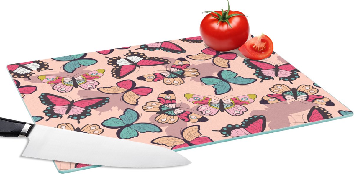 Glazen Snijplank - 39x28 - Vlinder - Roze - Blauw - Design - Snijplanken Glas