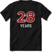 28 Years - Feest kado T-Shirt Heren / Dames - Rood / Grijs - Perfect Verjaardag Cadeau Shirt - grappige Spreuken, Zinnen en Teksten. Maat XXL