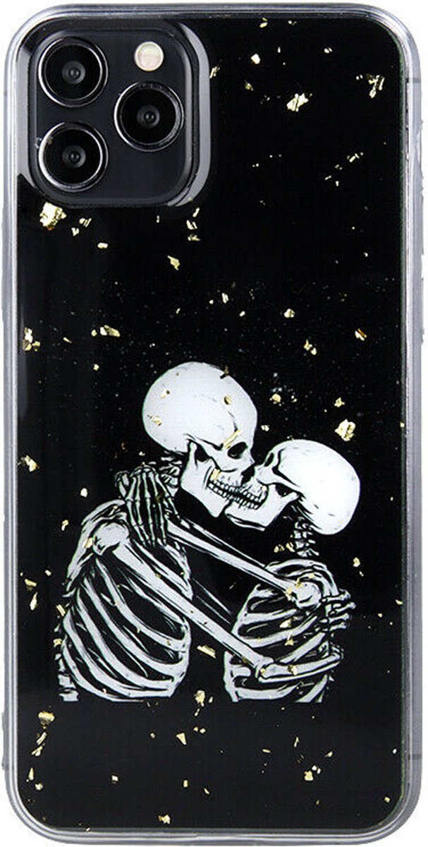 MM&A Romantische Skeletten 1 do met Glitter TPU Case Back Cover Bumper Hoesje geschikt voor Apple iPhone 13 - Telefoonhoesje met Bescherming - Beschermhoes - Back & Front Backcover Hoesje - Bling Bling Design - Fashion – Zwart/Wit
