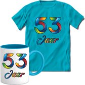 53 Jaar Vrolijke Verjaadag T-shirt met mok giftset Blauw | Verjaardag cadeau pakket set | Grappig feest shirt Heren – Dames – Unisex kleding | Koffie en thee mok | Maat XL
