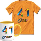41 Jaar Vrolijke Verjaadag T-shirt met mok giftset Geel | Verjaardag cadeau pakket set | Grappig feest shirt Heren – Dames – Unisex kleding | Koffie en thee mok | Maat XL
