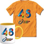 48 Jaar Vrolijke Verjaadag T-shirt met mok giftset Geel | Verjaardag cadeau pakket set | Grappig feest shirt Heren – Dames – Unisex kleding | Koffie en thee mok | Maat L