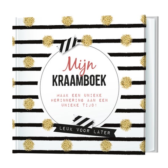 Voorpagina van 'Mijn Kraamboek' met zwart-witte strepen, gouden stippen, en de tekst 'Mijn Kraamboek'.