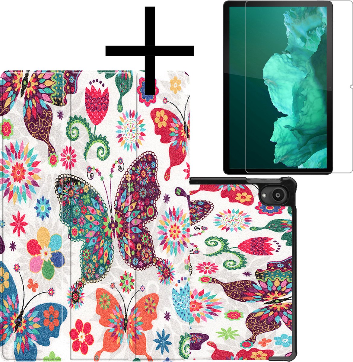 Hoes - Geschikt voor Lenovo Tab P11 - Met Screenprotector - Trifold Bookcase - Hard Cover - Hardcover Book Case - Tablet Hoesje - Vlinders