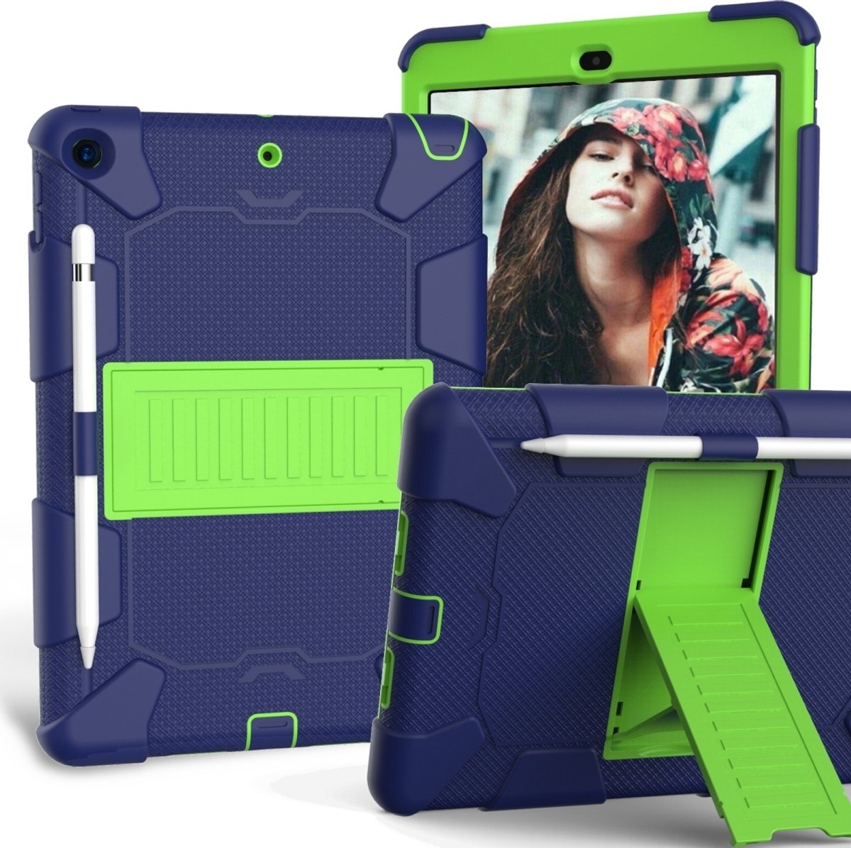 Mobigear Tablethoes geschikt voor Apple iPad 9 (2021) Hardcase Backcover | Mobigear ShieldStand + Stylus Houder | Schokbestendig iPad 9 (2021) Telefoonhoesje | Anti Shock Proof + Standaard - Blauw / Groen
