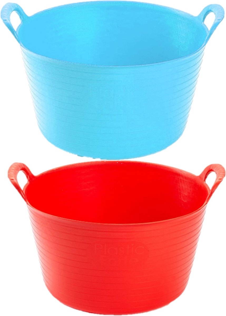 Voordeelset van 2x stuks kunststof flexibele emmers/wasmanden/kuipen van 56 liter in het rood en blauw